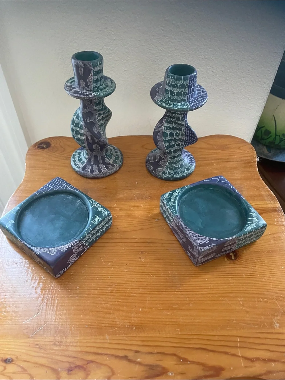 Artisan Ceramic Candle Holders in Teal and Purple - Pair